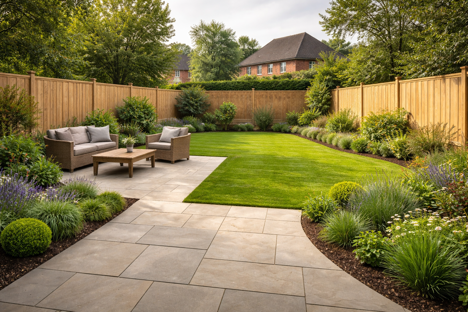 Garden with wooden fence, patio and planted borders