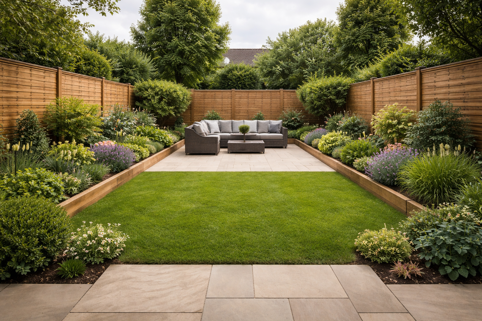 Garden patio with planting and fencing